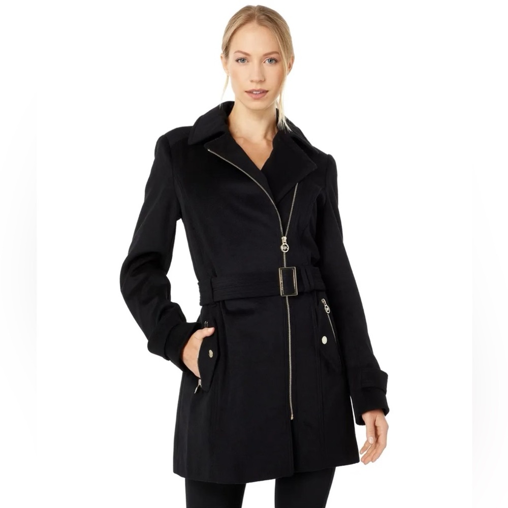 Removable belt, Notched collar front asymmetric zipper closure, Two side
